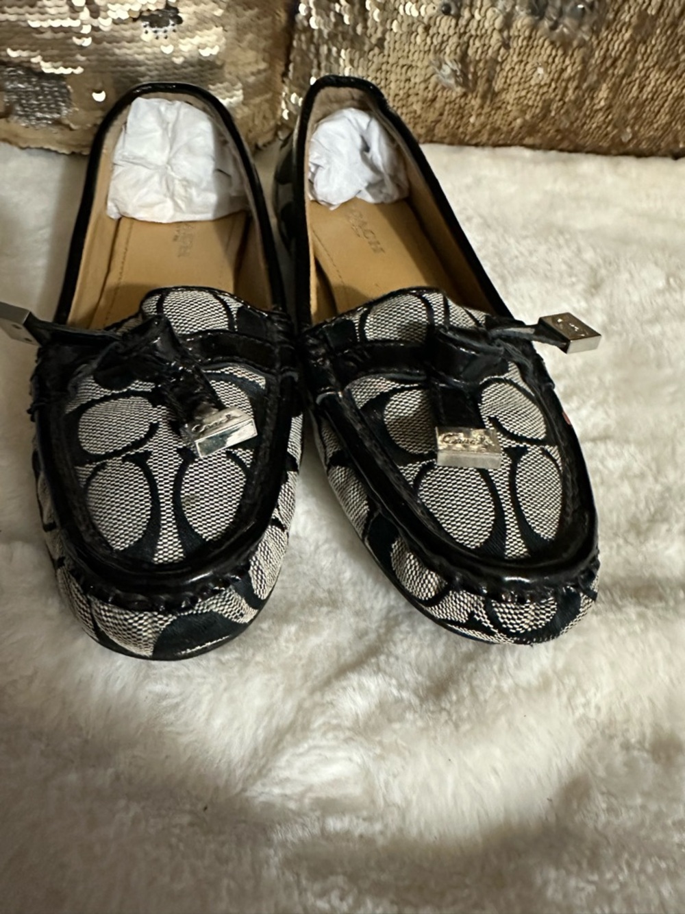 Coach Black and Ivory Signature Jacquard Loafers with Patent Trim